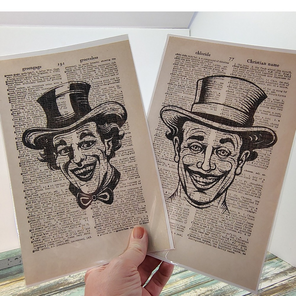 Creepy‎ Clown Art Vintage Dictionary Page Decor Gothic Carnival Wall Print Pair